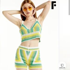 NWOT Rebellion Crochet Knit Cropped Tank And Shorts set  blue/white Size M